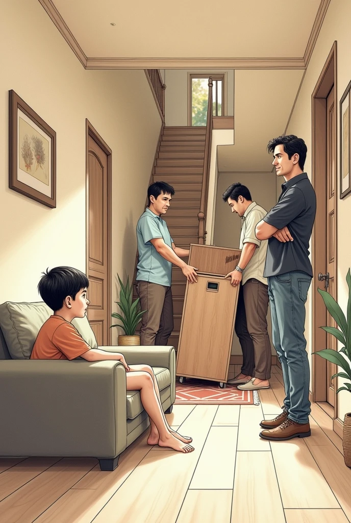 Boy are sitting on the sofa in the hall of your bungalow and your father is standing by the stairs and giving some instructions as two men from the stairs are trying to carry a cupboard upstairs. Sketch the scene as it appears