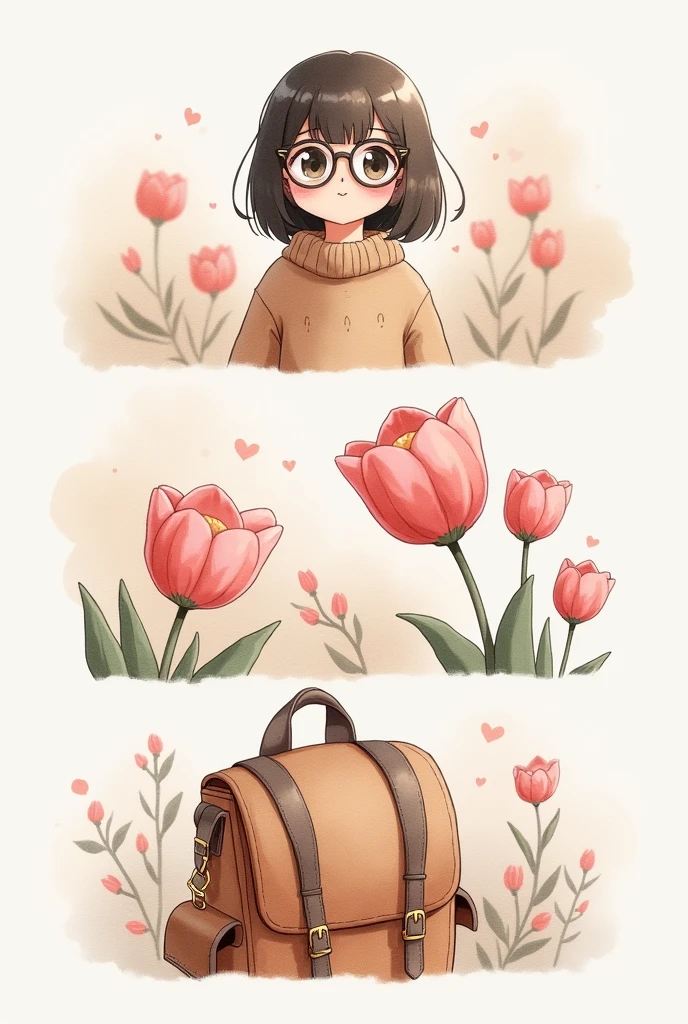 watercolor illustration divided into three sections: the first section close up a pink tulip, The second section the cute teen wear brown sweater and glasses, The third section focus the schoolbag and pink tulips, soft color, in the style of Animatoey,
