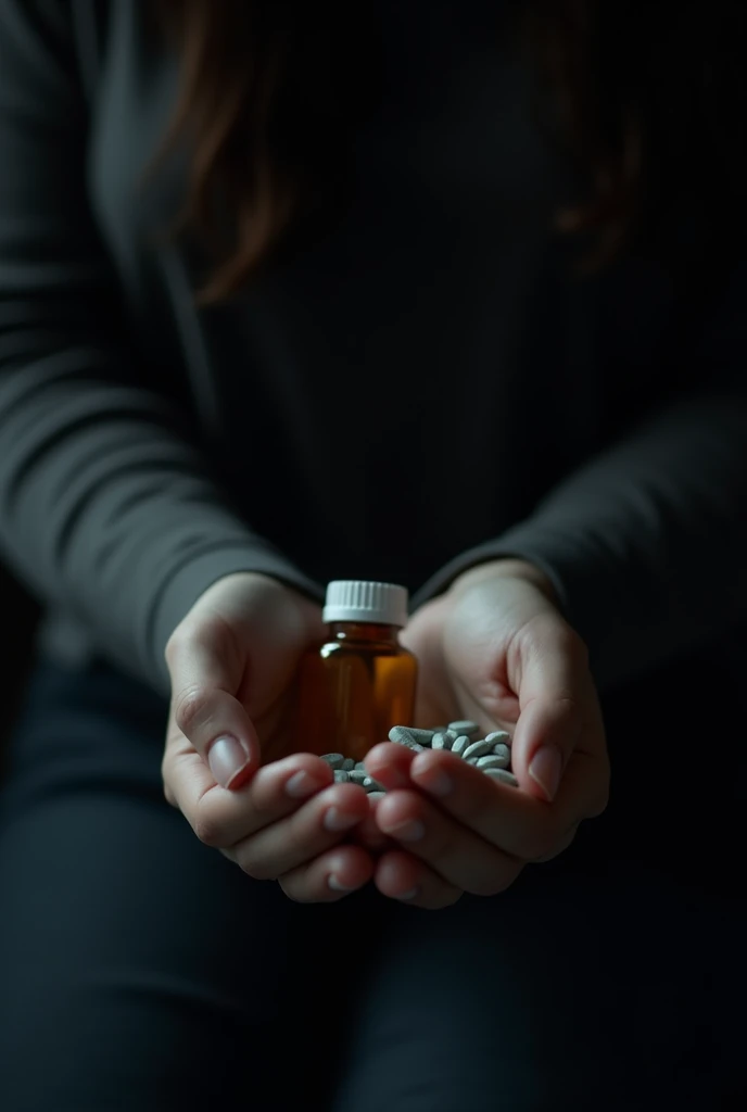 Black bed cover background, only hands of female holding sleeping pills bottle , no other body part visible