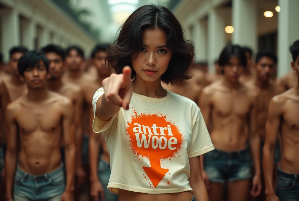 reads, A beautiful Indonesian woman, wearing a cream coloured t-shirt with a strong vector design featuring a silhouetted image of a downward arrow symbol in an orange colour full of splash blood. The phrase "ANTRI WOOE" is displayed in elegant and simple bold letters, distressed typography with pastel colours, while holding her miniskirt, short wavy hair, one handed pose pointing cameramen, in a public place, surrounded by many naked men, seductive pose, jav idol, with front shooting angle, very realistic, (complex detail: 0.9), (hdr, hyperdetail: 1.2), RAW, Sony Alpha a9 II, 24-105mm f/4, HDR,
