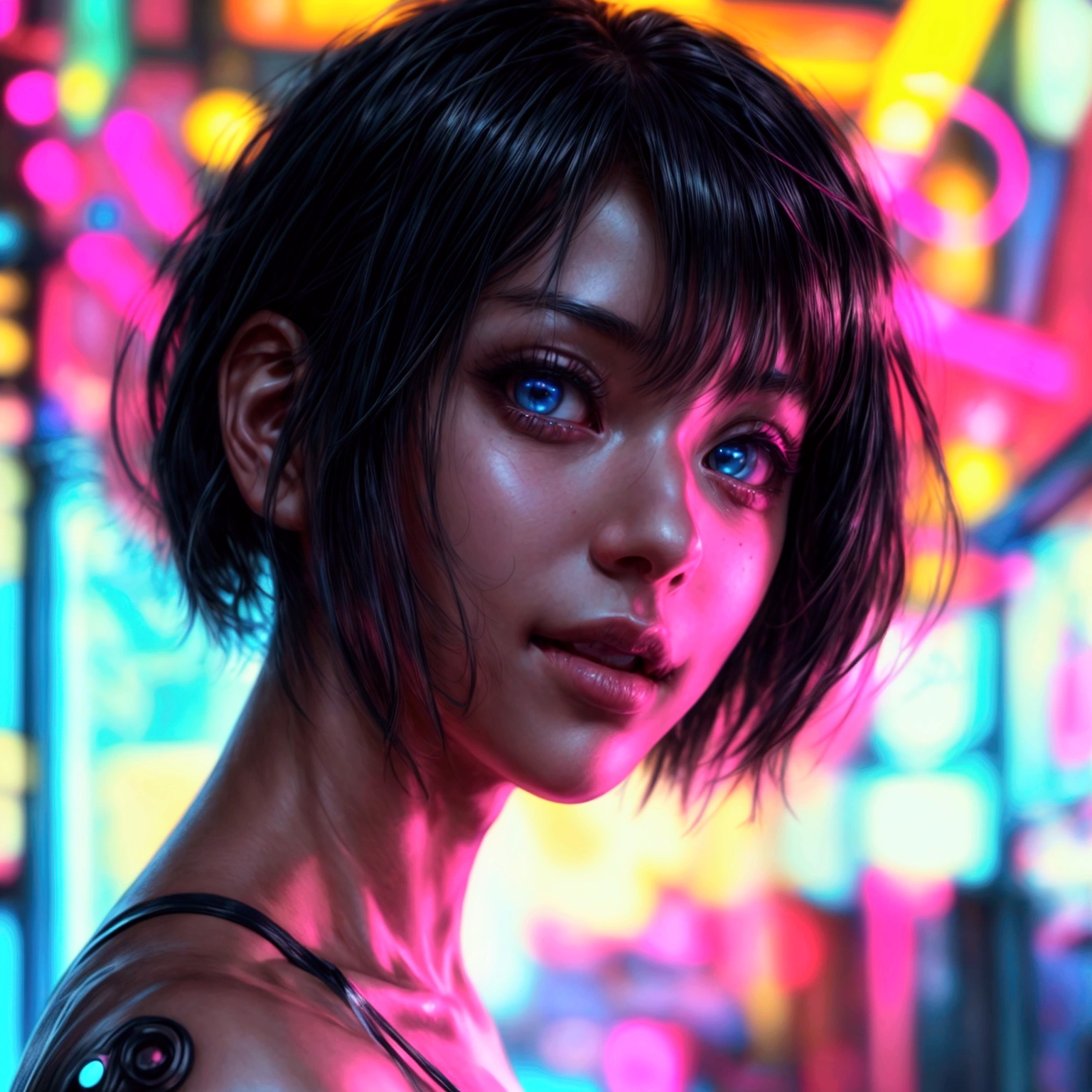 One young cyberpunk woman, Healthy Body, Small cleavage, Very detailed, Ultra HD, 8k, Detailed face, Bright Eyes, Perfect Eyes, Detailed lips, Sexy lips, Perfect hands, Dynamic Angle, (Surreal), (figure), (High resolution), (8k), (Very detailed), (best figure), (beautiful Detailed eyes), (Highest quality), (Very detailed), (masterpiece), (Realistic), (Natural light), (Detailed face), (Very detailedリアルな肌の質感), (Anatomically correct), (Very detailedリアルな髪), (Detailed eyes), (He opened his mouth a little.), (Focused Expression), Too sexy and cute, Inside a neon cyberpunk city, looking at the camera, Sexy pose, Small breasts, Techwear, Neon Background, Smiling expression, No abs, Soft skin, Sexy pose, Sexy pose, Mechanical parts, Futuristic, Short Bob, Whole body