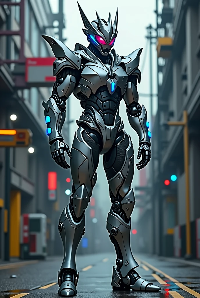 A silver and grey robot that looks like Kamen Rider