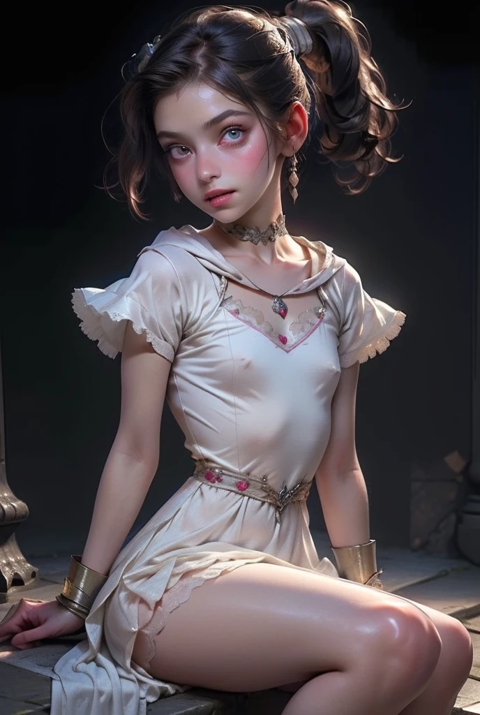 ((best quality)), ((masterpiece)), (detailed), perfect face (((masutepiece, of the highest quality, super detailed))), hand drawn style, hand painted style, watercolour, sketch, a knight, white background, plain background, Bloodborne inspired, tatty Bloodborne attire, occult aesthetic, occult, tatty red and white clothing detailed and intricate steampunk and detailed gothic ta (with a hood), long coat, Complex laced boots, Fluttering lace flared long knee length dress with frilly petticoats, long dress, knee length dress, pleated petticoats, loliress, petticoats gothic lolita aetic, beautiful small breasts, (((flat chest:1.1))), (((( Highly detailed face))), small thin nose, Small thin lips mouth, (((Very sharp focused eyes))), Very large slit precision pale grey eyes that shine like jewels. looking at viewer, (resolved expression), (resolute expression), ((dark hair)), ((long ponytail, thick ponytail, heavy ponytail)), very long eyelashes, white background, Very dramatic and cinematic lighting, tatty damaged old red and white clothing, full body, whole body, body, cosmic horror, grim dark, (NSFW)