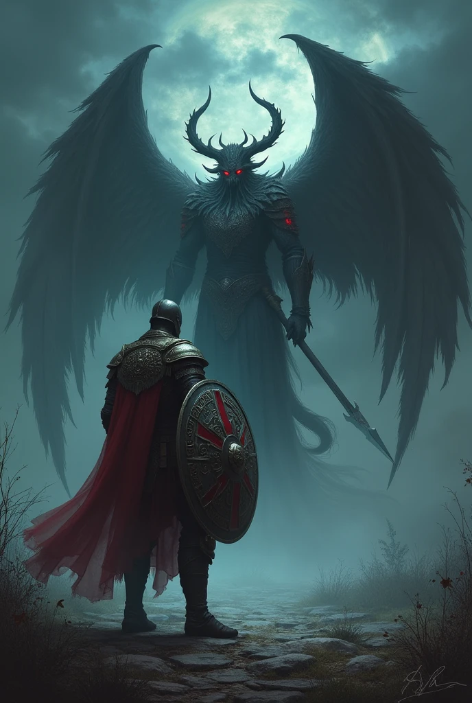 Make an ancient soldier with armor and shield facing a demon, make an angel behind the man protecting him in a scary scene and at cloudy night
