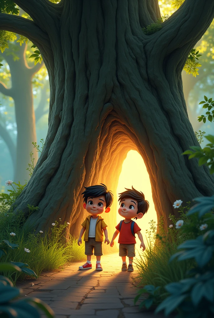 Joãozinho and Lucas aged 8 entering the tree, showing a mysterious and enchanting tunnel. Disney style