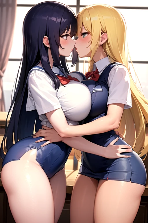 Lesbian (very long loose yellow hair)(big breasts, big thighs)(with school uniform clothes it is very tight) that he is kissing at school with his girlfriend,(big breasts, big thighs)lesbian love