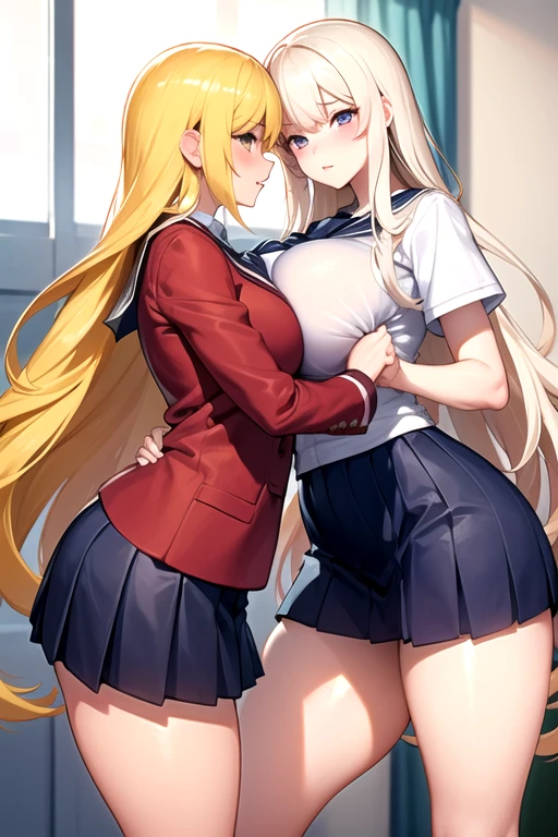 Lesbian (very long loose yellow hair)(big breasts, big thighs)(with school uniform clothes it is very tight) that he is kissing at school with his girlfriend,(big breasts, big thighs)lesbian love