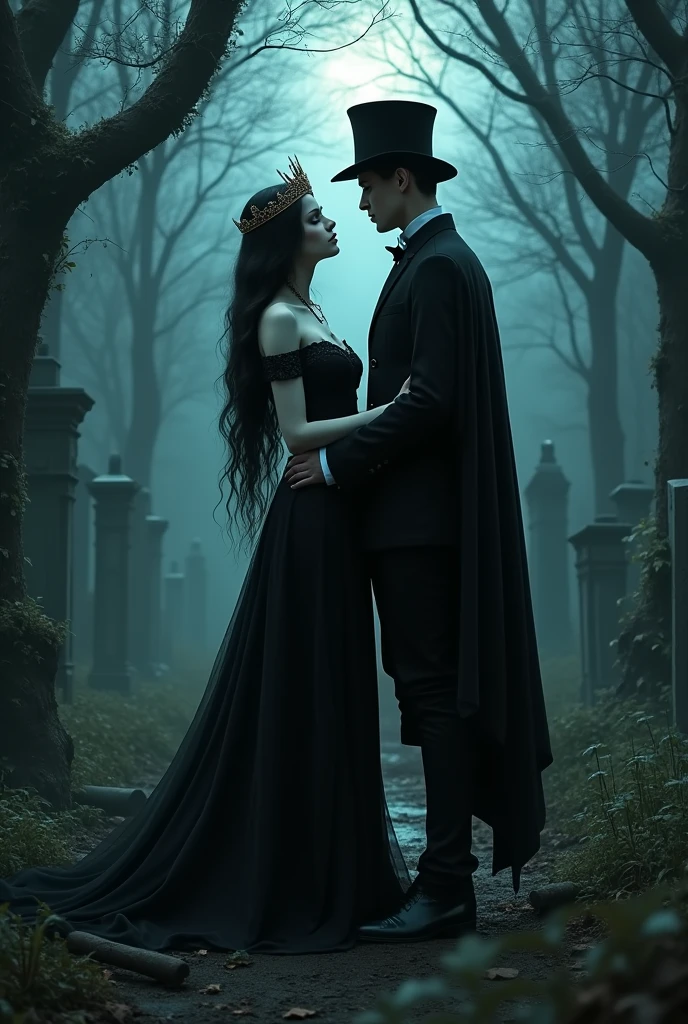 an abandoned cemetery in the woods at night, in the center a sensual woman with white skin, long black hair and green eyes wearing a long black medieval dress with a crown on her head. Beside him a tall man with white skin, Youngh, wearing a black suit, cape and top hat