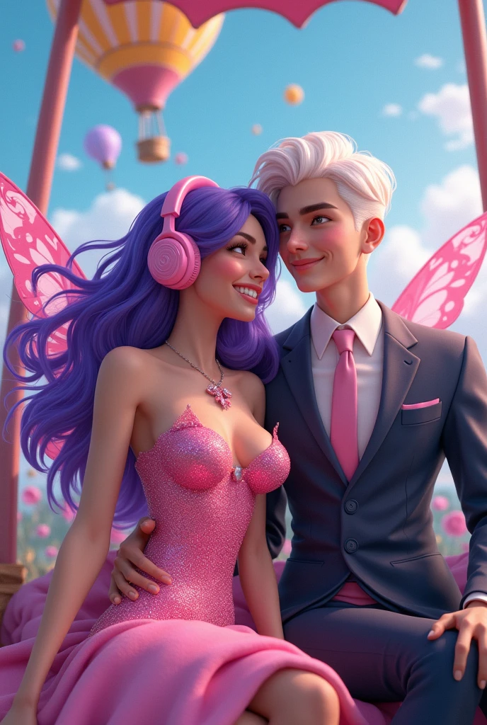 Korean purple hair butterfly woman with headphone in shiny pink glitter dress and white pink hair man in suit in amusement park on a hot air balloon best friends