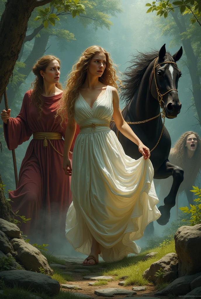 Imagina una imagen con Perséfone en el centro, con un vestido que parece flotar alrededor de ella, mostrando su sorpresa y miedo. Hades, el dios del inframundo, la sostiene con una mano mientras la lleva en su carro negro. A su alrededor, Deméter, con una expresión de angustia, está en busca de su hija. El fondo podría mostrar el contraste entre el mundo de la superficie y el inframundo.