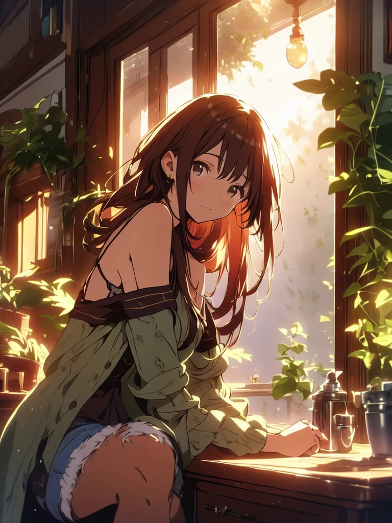 Create a anime style landscape image. Digital illustration featuring a young woman with fair skin and long, light brown hair. She is sitting on a windowsill with a serene expression, gazing directly at the viewer. The woman is wearing a red off-shoulder top and denim shorts. The background showcases a bright, sunlit scene with lush green foliage visible through the window panes. The lighting in the image is soft and warm, creating a peaceful and inviting atmosphere. The overall style of the illustration is realistic with a touch of anime influence, characterized by smooth shading and detailed textures.