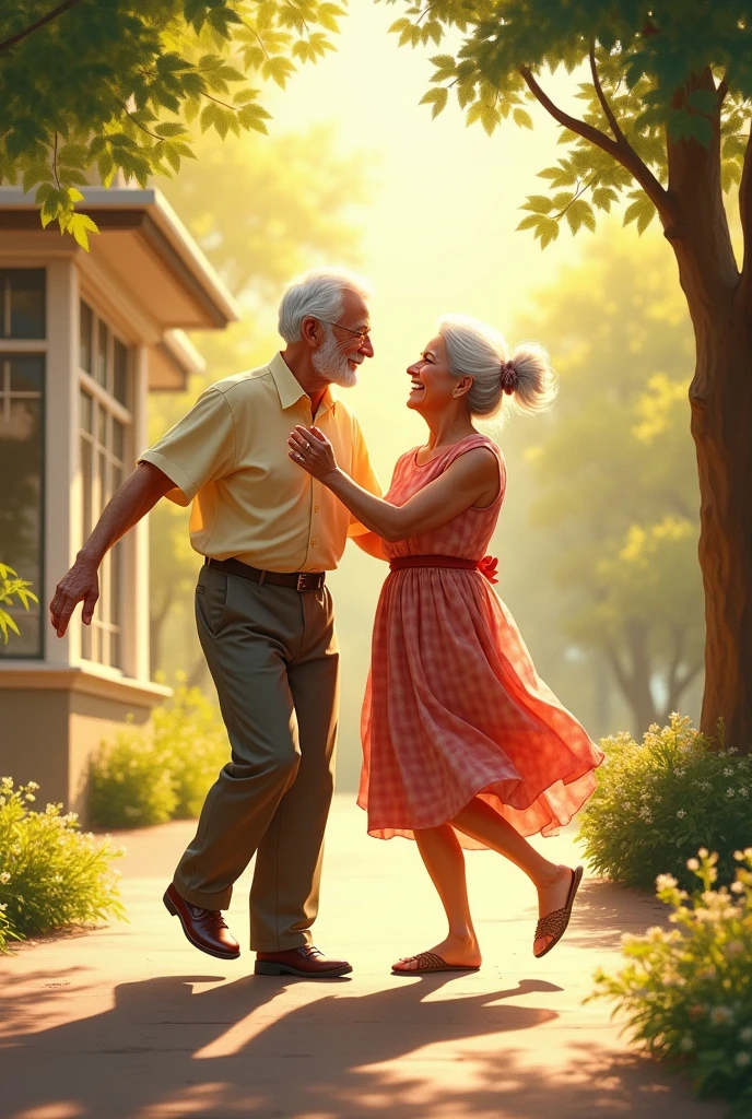 CREATE A PICTURE OR DRAWING OF GRANDPARENTS ENJOYING THEIR GOLDEN AGE, DANCING AND WALKING