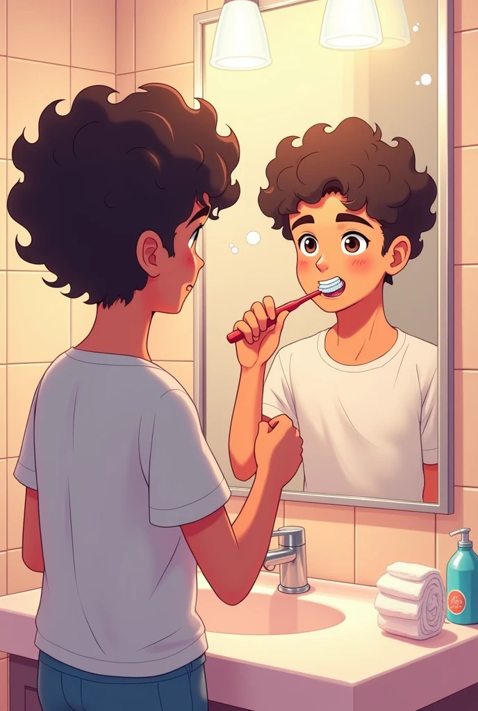 Gay couple man curly hair brushing teeth happy manga 

