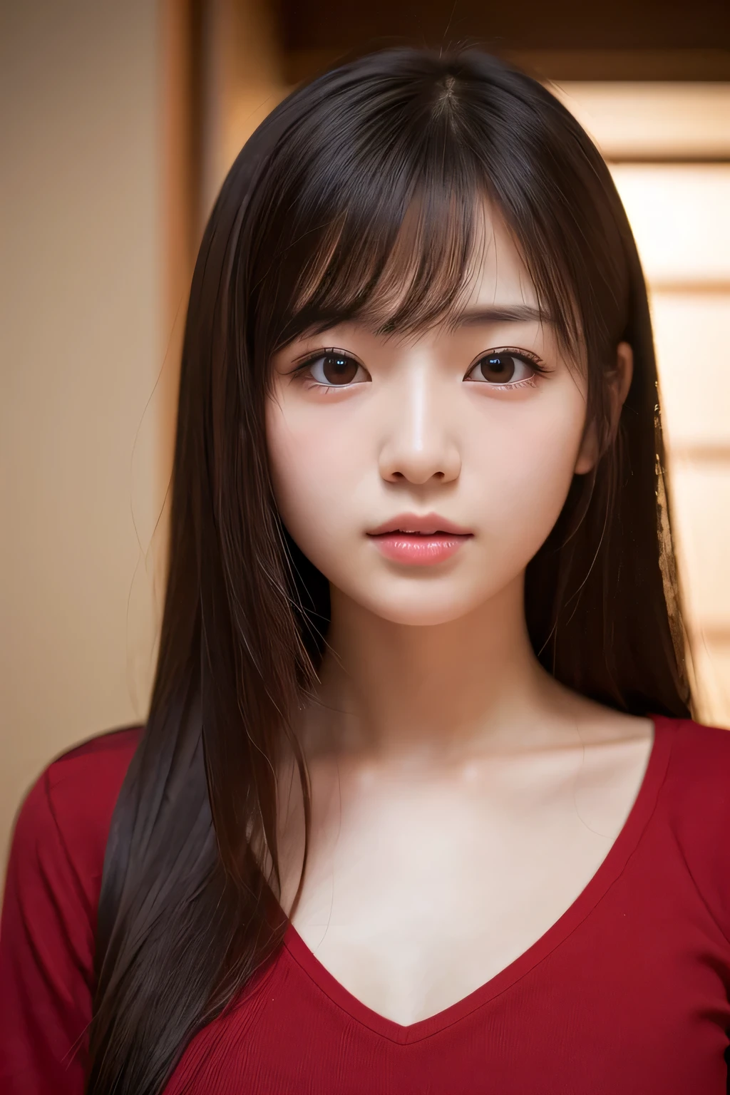 best quality, Face focus, soft light, Ultra high resolution, (realistic:1.4), raw photos, 1 Japanese girl, alone, cute, (student, Light enters the eyes), Beautiful, detailed face, (small breasts),(High resolution details of human surface.), (long hair), indoor, Dark red shirt dress, (Portrait)