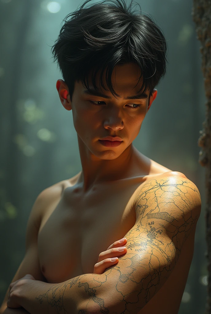 A young man with a wound on his arm that looks like a MAP