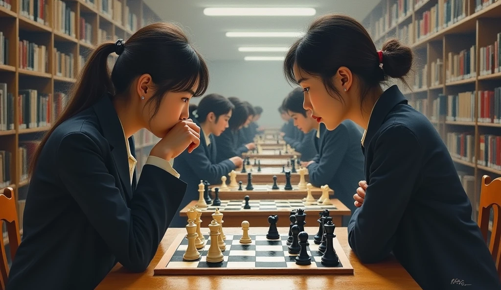 A stunning and oil painting of two young beautiful Korean women, age 16-18, beautifully portrayed with a tensed and melancholic expression are locked in a tense chess match in library. The chessboard between them is a battlefield of strategic maneuvers and calculated risks. Each move is deliberate. The only sounds are the soft clinks of chess pieces and the occasional murmur of contemplation, as both players remain deeply focused on the game, there are other matches going on in the background. the background is little blur. The atmosphere is charged with concentration and quiet intensity.. wide angle, adding to the sense of unease. The painting exhibits a real-like, impressionistic style, with visible brush strokes that create a sense of depth and texture. The color palette primarily consists of warm tone, grays, and blacks, evoking a light atmosphere. wide shot