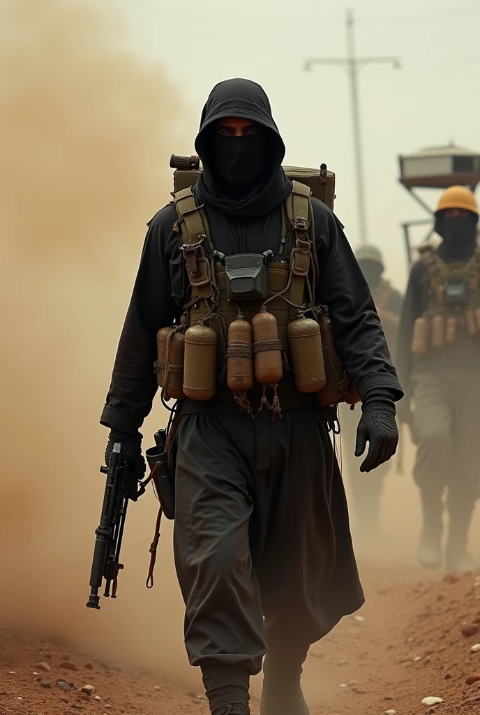 Generate a stereotypical image of an Arab terrorist suicide bomber strapped in bombs