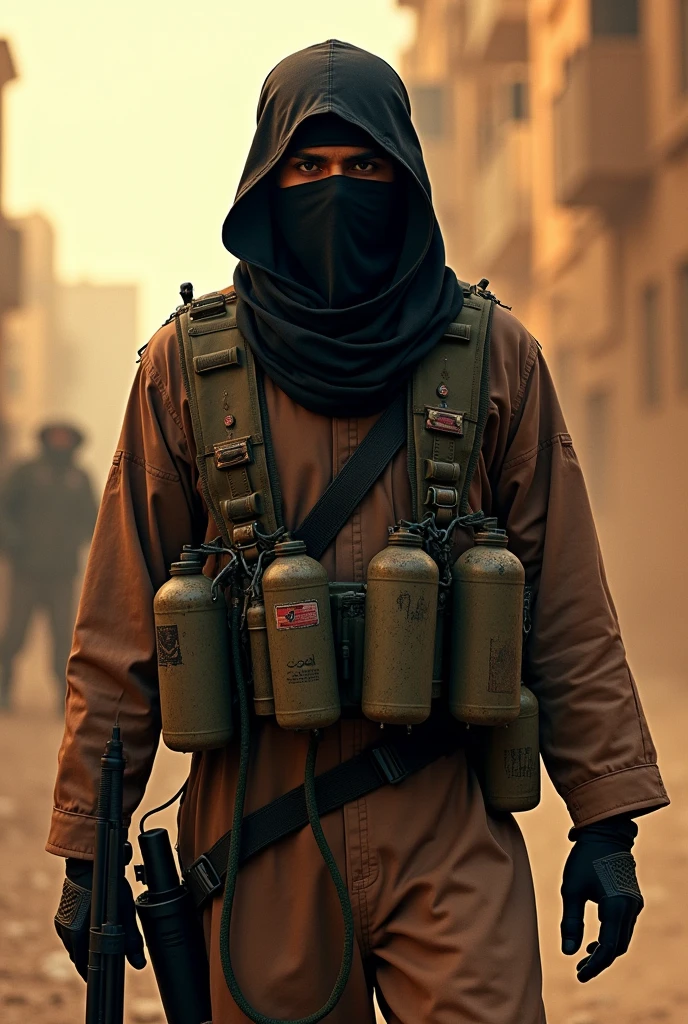 Generate a stereotypical image of an Arab terrorist suicide bomber strapped in bombs