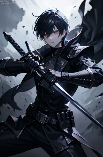 anime boy, holding sword, combat pose, detailed face, dramatic lighting, highly detailed, intricate, digital art, 8k, high resolution, moody atmosphere, dark fantasy, dramatic shadows, glowing eyes, intense expression, cyberpunk style clothing