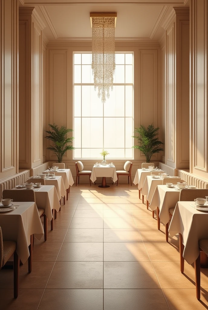 Restaurant tea room, ceilings 3.5 meters, rectangular flat ceiling, on the ceiling a rectangular chandelier made of small crystals, the floor is light brown porcelain stoneware, a long rectangular 6 meter st, white tablecloth, for 40 persons, walls made of decorative panels of light cream color, chairs dressed in white covers, white tea cups on the Table, walls without columns, ceiling with a chandelier without lighting on the sides. Flat ceiling. Along the walls there are square pillars measuring 40×40, at a distance of 3 meters. The length of the hall is 12 meters, the width of the hall is 6 meters.