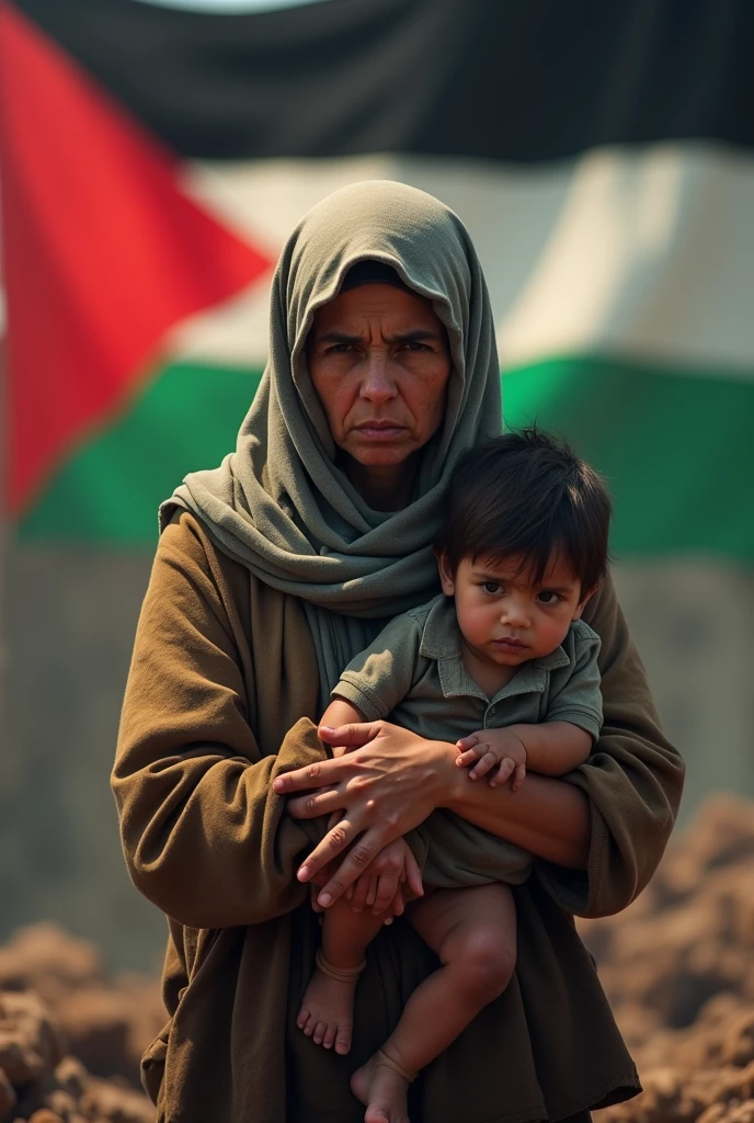 Mom her child to no food , palestine country flag infront infront of food