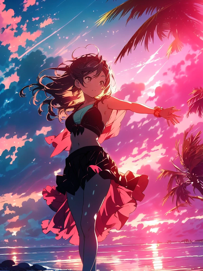 Create a anime style landscape image. Digital illustration featuring a silhouetted female figure in a dynamic pose against a vibrant sunset backdrop. The subject is standing on one leg with arms raised, wearing a bikini with a frilly skirt. Her long hair is tied in a high ponytail, flowing with the movement. The background showcases a serene beach scene with palm trees framing the image, a calm ocean, and a sky painted in shades of pink, purple, and orange. The overall composition exudes a tropical, tranquil atmosphere with a focus on the contrast between the dark silhouette and the colorful sunset. 4k, UHD, ULTRA HIGH.