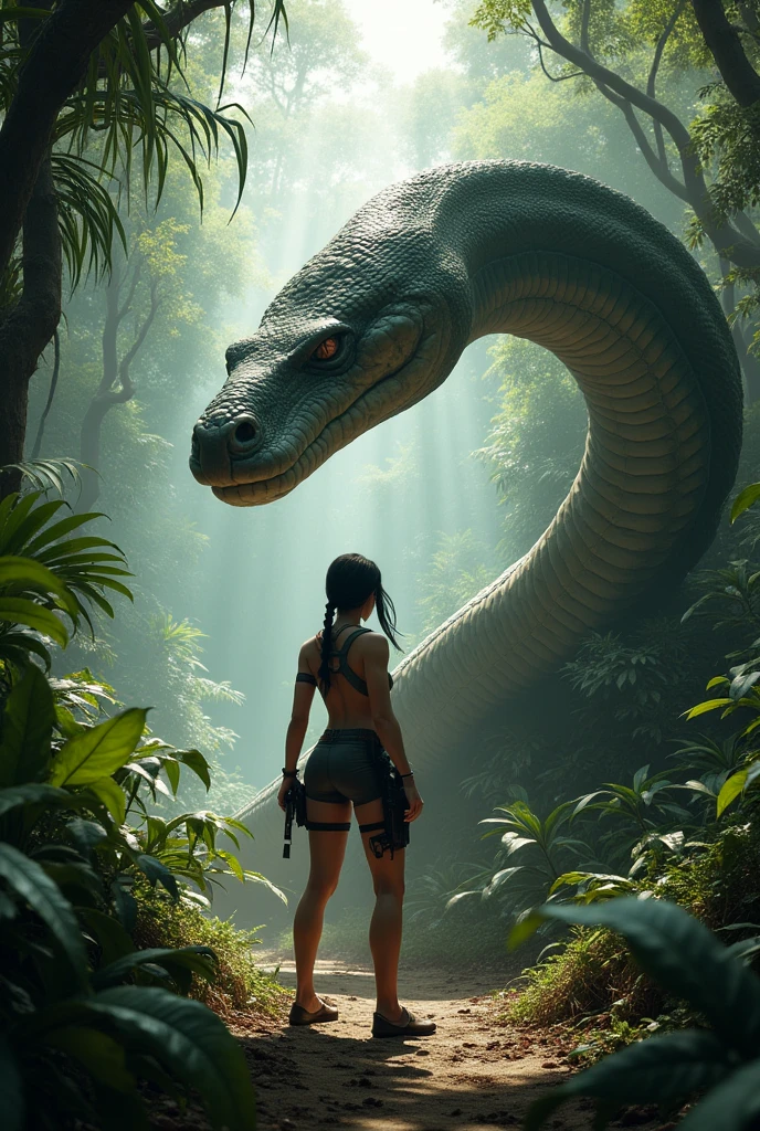 masutepiece，pixiv Competition Winner，big black mamba，Detailed snake，jungle water background，电影灯光，snake raising its head，moist，（full body Esbian），hiquality，scary snake，The dim，Face.up，Mouth open,Hyper-detailing