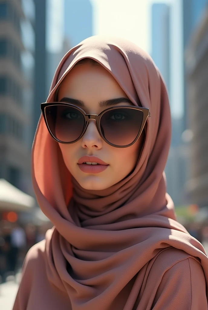 A emma myers,,perfect eyes,with gold hijab,medium body,eyes wink expression,,put white oakley glasses, 3d render
