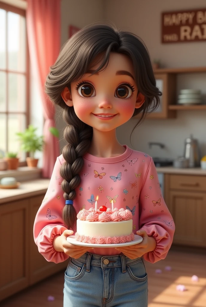 Girl with big brown eyes, curly hair tied in a braid, holding a cake. She wears jeans and a pink blouse with a butterfly print.. There is a sign that says happy birthday