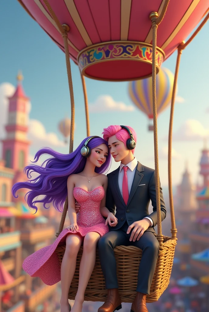 Korean purple hair butterfly woman with headphone in shiny pink glitter dress and pink hair white man with suit in amusement park on a hot air balloon best friends his pink hair realistic 