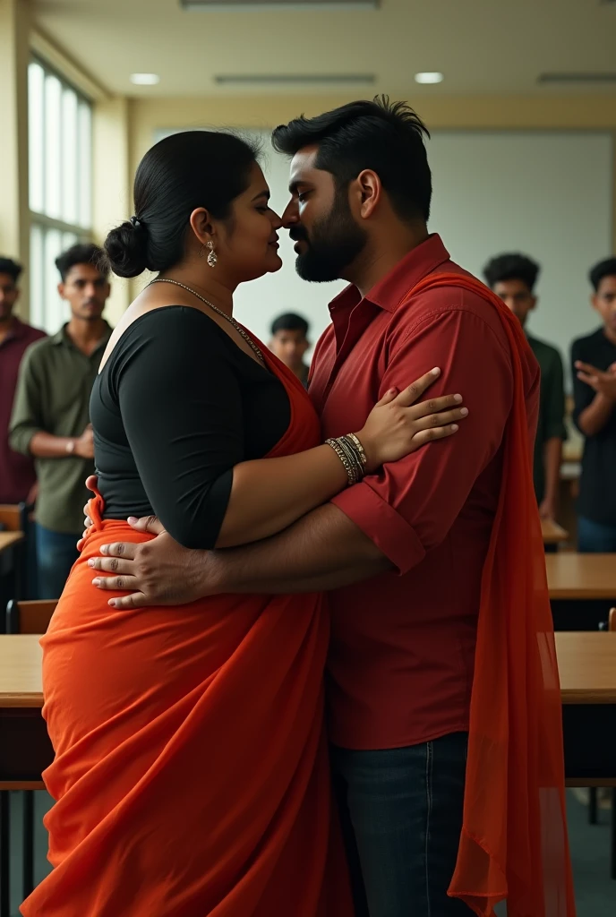 A 25 year old beautiful plus sized South Indian cream colour chiffon saree and black colour chiffon blouse wearing teacher kissing a 18 year old man in class room, a group of boys cheering next to them