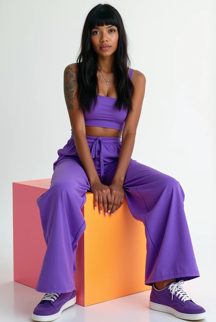best qualityer:1.4), (ultra high resolution:1.2), (photorrealistic:1.4), (8k, CRU photo:1.2), 1 28 year old woman with dark skin. straight black hair with bangs. brown eyes . She&#39;s wearing a purple crop top. Purple palazzo pants. purple sneakers. She is sitting on top of a colorful cube. You are in a photography studio with a white background. tattoo on left arm. Brazilian