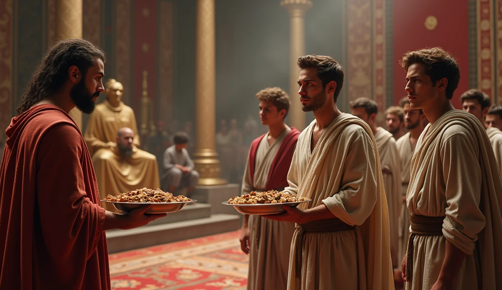"An ultra-realistic image of Daniel and his three friends—Shadrach, Meshach, and Abednego—standing respectfully before King Nebuchadnezzar in his grand throne room. The young men are dressed in simple yet elegant garments that signify their status as servants in the royal court. The king, seated on an ornate golden throne, looks down at them with a mix of curiosity and authority. The throne room is lavishly decorated with rich tapestries, tall columns, and golden artifacts. Daniel and his friends hold trays of food and drink, their expressions calm and focused, showing their quiet determination to serve with dignity while maintaining their faith. The atmosphere is regal, with a subtle tension in the air, highlighting the importance of the moment."