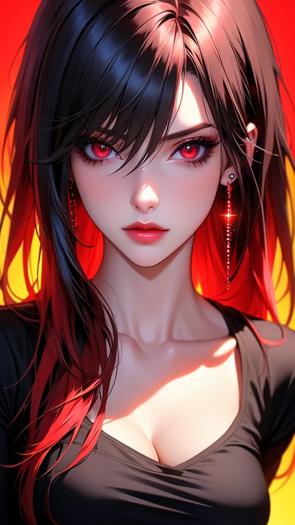 realistic,photorealistic,photo-realistic:1.37,highres,best quality,4k,masterpiece:1.2,ultra-detailed,extremely detailed eyes and face,long hair,red hair,multicolored hair,gradient hair,bangs,black hair,hair between eyes,ear piercing,piercing,jewelry,earrings,looking at viewer,1girl,solo,black shirt,shirt,breasts,medium breasts,collarbone,red eyes,black background,neon,video game art,red neon