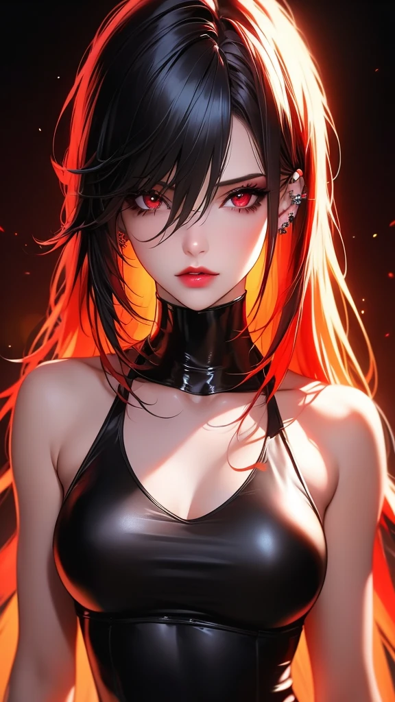 realistic,photorealistic,photo-realistic:1.37,highres,best quality,4k,masterpiece:1.2,ultra-detailed,extremely detailed eyes and face,long hair,red hair,multicolored hair,gradient hair,bangs,black hair,hair between eyes,ear piercing,piercing,jewelry,earrings,looking at viewer,1girl,solo,black shirt,shirt,breasts,medium breasts,collarbone,red eyes,black background,neon,video game art,red neon