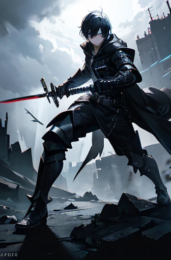 anime boy, holding sword, combat pose, detailed face, dramatic lighting, highly detailed, intricate, digital art, 8k, high resolution, moody atmosphere, dark fantasy, dramatic shadows, glowing eyes, intense expression, cyberpunk style clothing, full body view