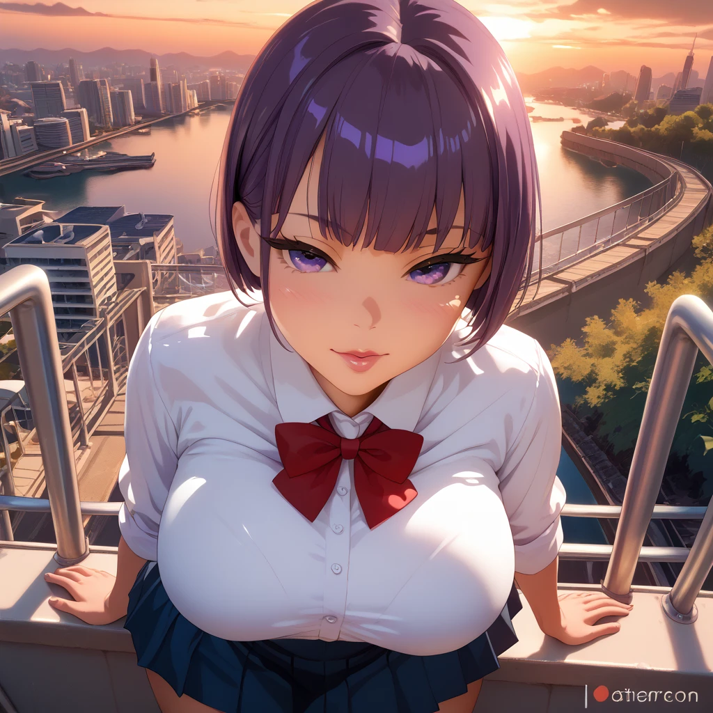 1 female, really short, tanned, round face, front view, pov angle, high angle, submissive face, short purple hair, bowl cut, bangs, big purple eyes, full lidded eyes, puckered lips, school uniform, white shirt, clothes stretch, realistic fabric, red ribbon, short blue skirt, skin tight clothing, extremely flushed face, massive , slim waist, cinematic lighting, volumetric lighting, sunset, leaves falling in background, birds in sky, detailed city background, on a bridge, warm hues,train tracks in background