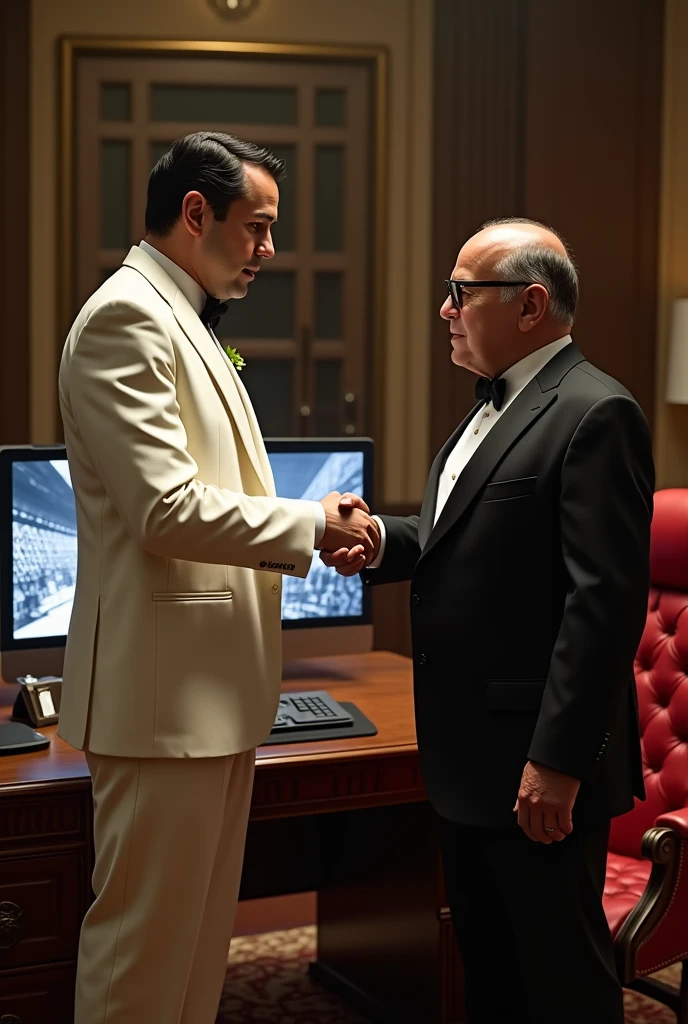 Recreates image of Tony Montana from the movie Scarface shaking hands with Vito Corleone from the movie The Godfather With desktop background and chair of Tony Montana