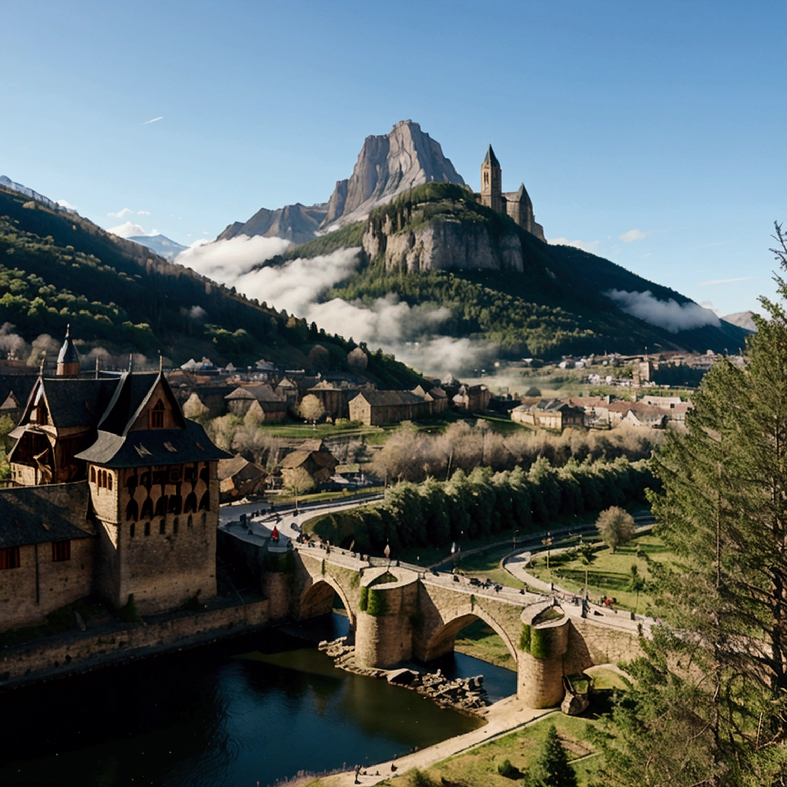 medieval city, with forest and a mountain in the background. PICTURE REALISTIC
