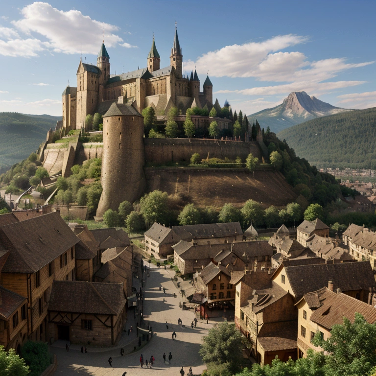medieval city, with forest and a mountain in the background. PICTURE REALISTIC