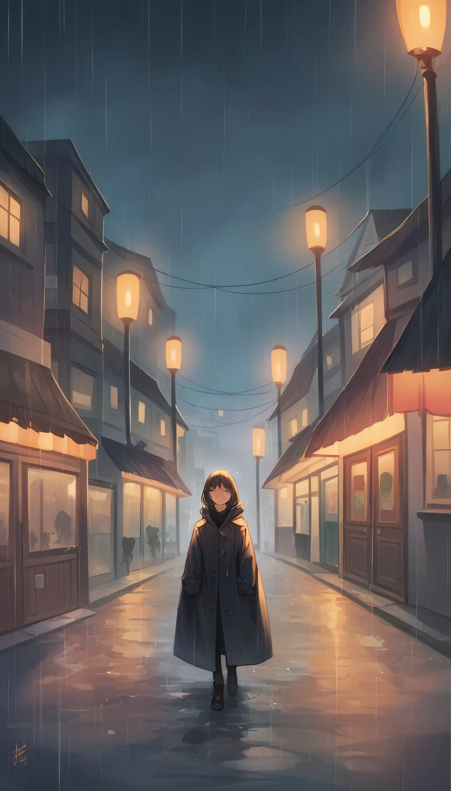 (Masterpiece, Best quality:1.2), From the bottom of a girl in the street, the weather is dark, the colors are clear, the brands are wearing a coat, in the middle of the street, a rainy night, beautiful eyes, a closed mouth, a cold gaze, high definition