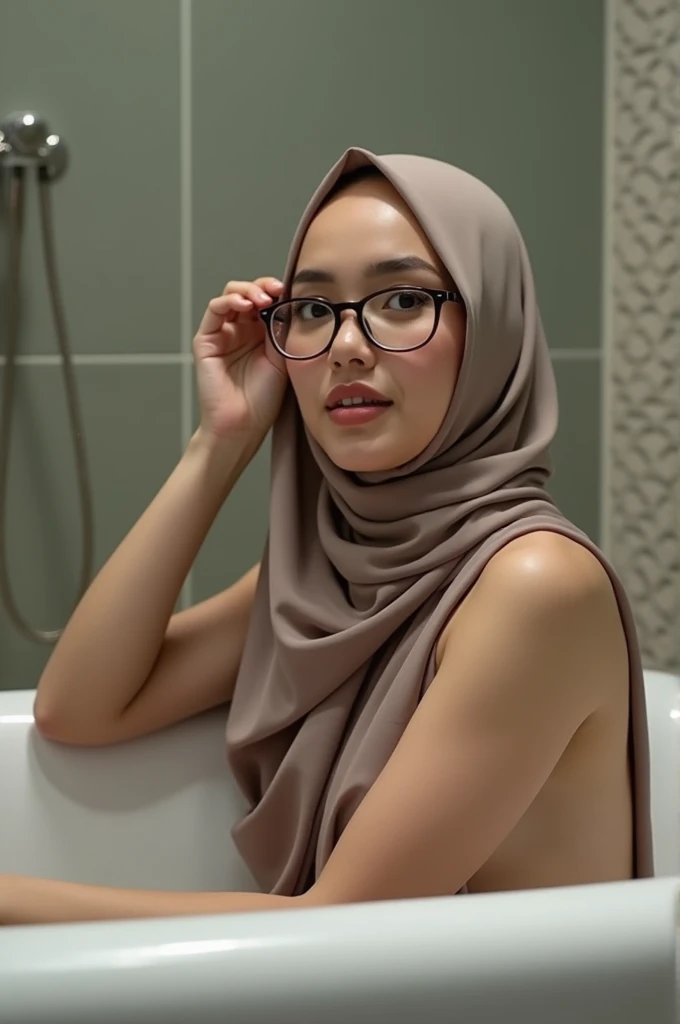 Malay hijab wearing glasses big boobs naked in bathtub