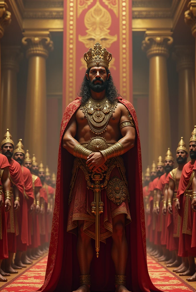 "A grand coronation scene with Chandragupta Maurya being crowned as the emperor of the vast Maurya Empire