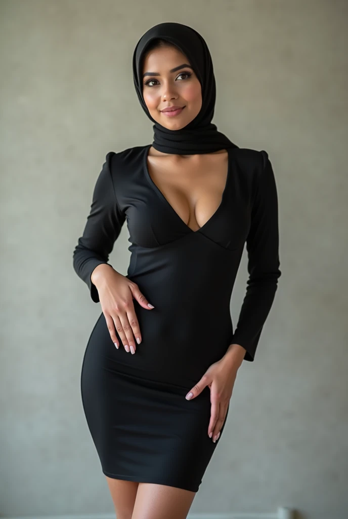 20 year old Indonesian girl, tight dress, hijab, cleavage, big thighs, curvy body, fair skin, 