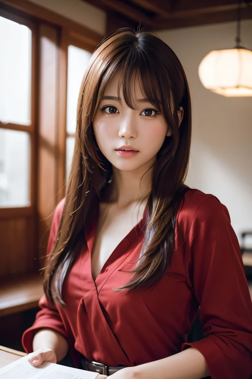 best quality, Face focus, soft light, Ultra high resolution, (realistic:1.4), raw photos, 1 Japanese girl, alone, cute, (student, Light enters the eyes), Beautiful, detailed face, (small breasts),(High resolution details of human surface.), (long hair), indoor, Dark red shirt dress, (Portrait)