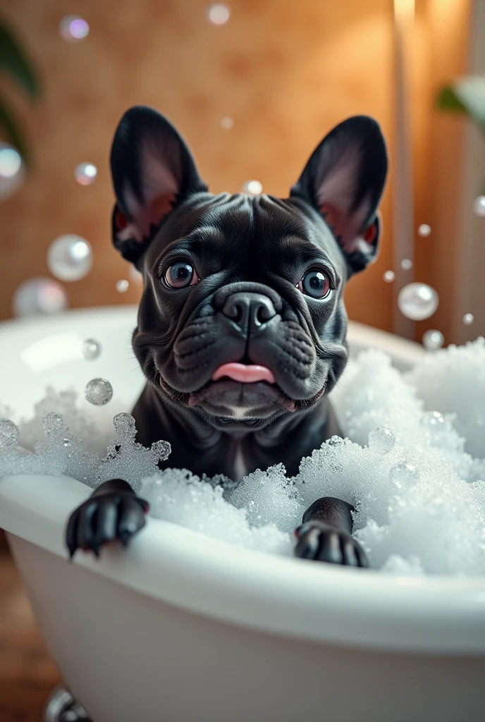 Black French Bulldog with foam and bath bubbles