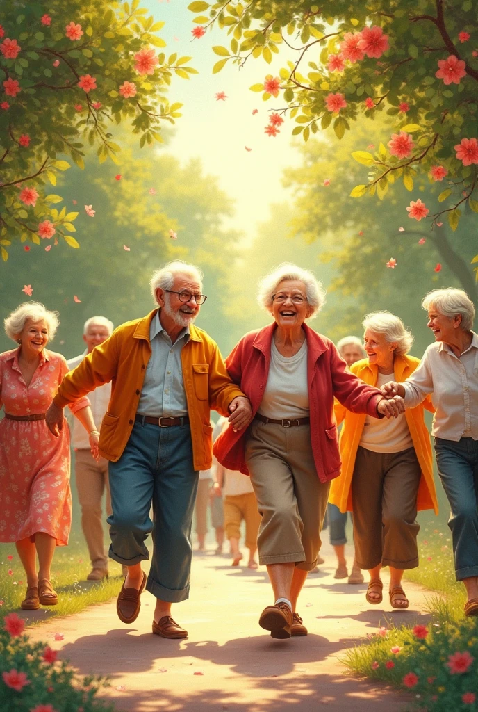 CREATE A DRAWING IMAGE OF A GROUP OF GRANDPARENTS ENJOYING THEIR GOLDEN AGE, DANCING AND WALKING