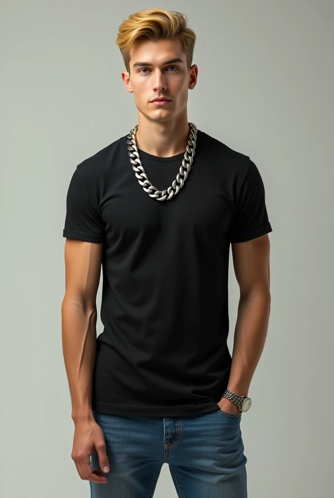 Full body photorealistic image of a very slim and handsome young looking man, with hair (Very short) yellow blonde color. . The avatar should have slightly darker honey-colored eyes, lighter eyebrows, a thin face with prominent cheekbones, and a stylish appearance. The character must wear a black t-shirt, a large Cuban style silver chain, blue jeans The full body of the character must be visible in the image, The image must be photorealistic, capturing all the details accurately and realistically.