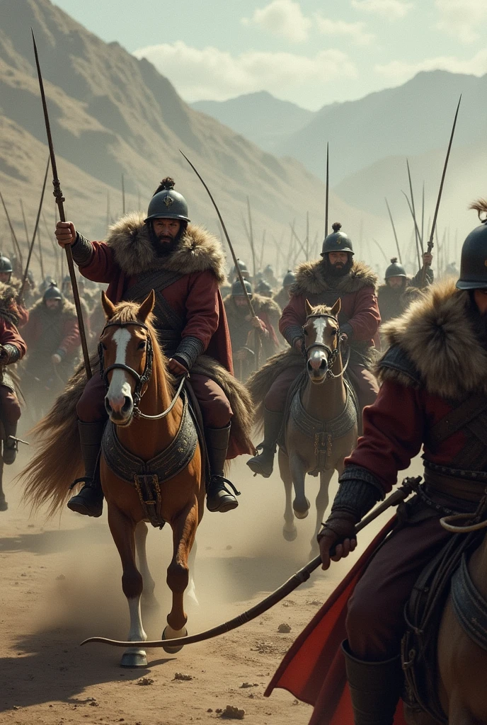 Create another dramatic image of a Mongol horde on horses and in battle against a rival that looks very real and that the scene is dramatic, that you see them attacking their rival and their rival on the defensive, that you see the action, that you see warrior against warrior.