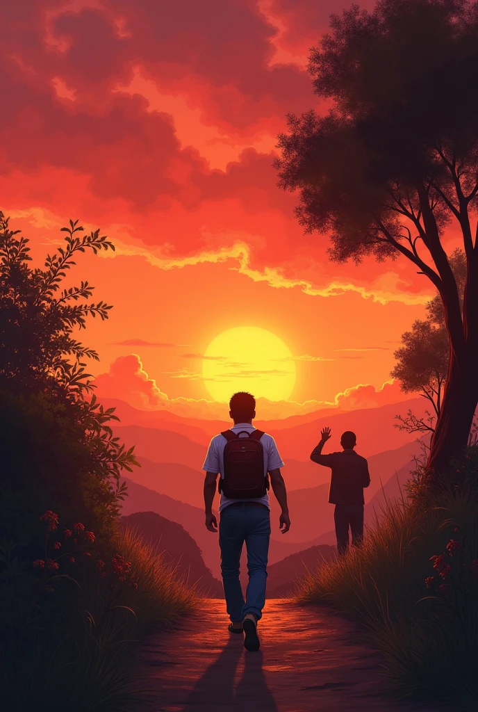 A sunset tinged with warm colors illuminates a small path that leads away from the village. Juan dressed in a white shirt, plain blue pants and sandals, with a backpack on his shoulder, He walks away alone, his figure silhouetted against the red and orange sky. In the distance, You can see the silhouette of Maria de los Angeles, who watches him leave from afar, with one hand raised in a gesture of farewell. The atmosphere is melancholic, with the daylight fading as the wind gently moves the leaves of the trees.